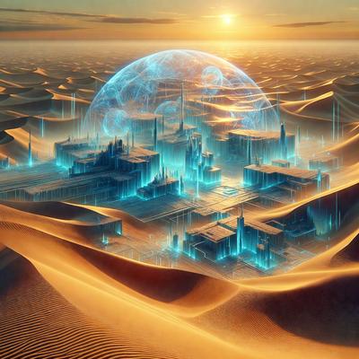 The primary subject of the image is a futuristic cityscape with a large, blue, glowing sphere in the center. The setting is a desert landscape, with sand dunes and a sunset in the background. The visual style is a combination of digital art and illustration, creating a unique and captivating scene. The colors and mood of the image are predominantly blue and orange, giving it a sense of mystery and wonder.